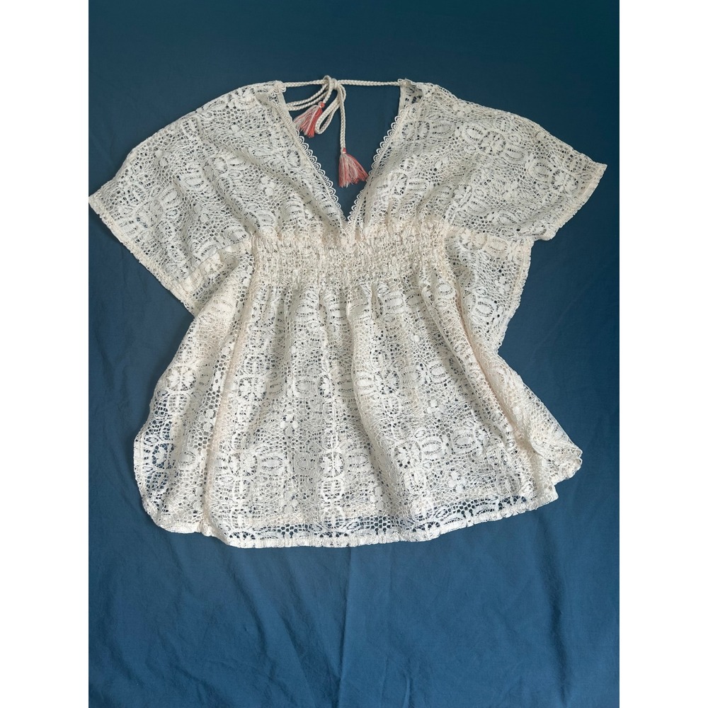 Xhilaration‎ White Lace Swim Cover Up Top Medium V-Neck Tassel Tie Back Crochet